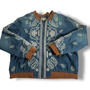 Johnny Was Workshop Blue Denim Embroidered Cotton Bomber Jacket  Womens Large